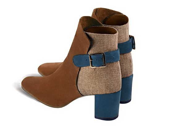Caramel brown, tan beige and peacock blue women's ankle boots with buckles at the back. Square toe. Medium block heels. Rear view - Florence KOOIJMAN